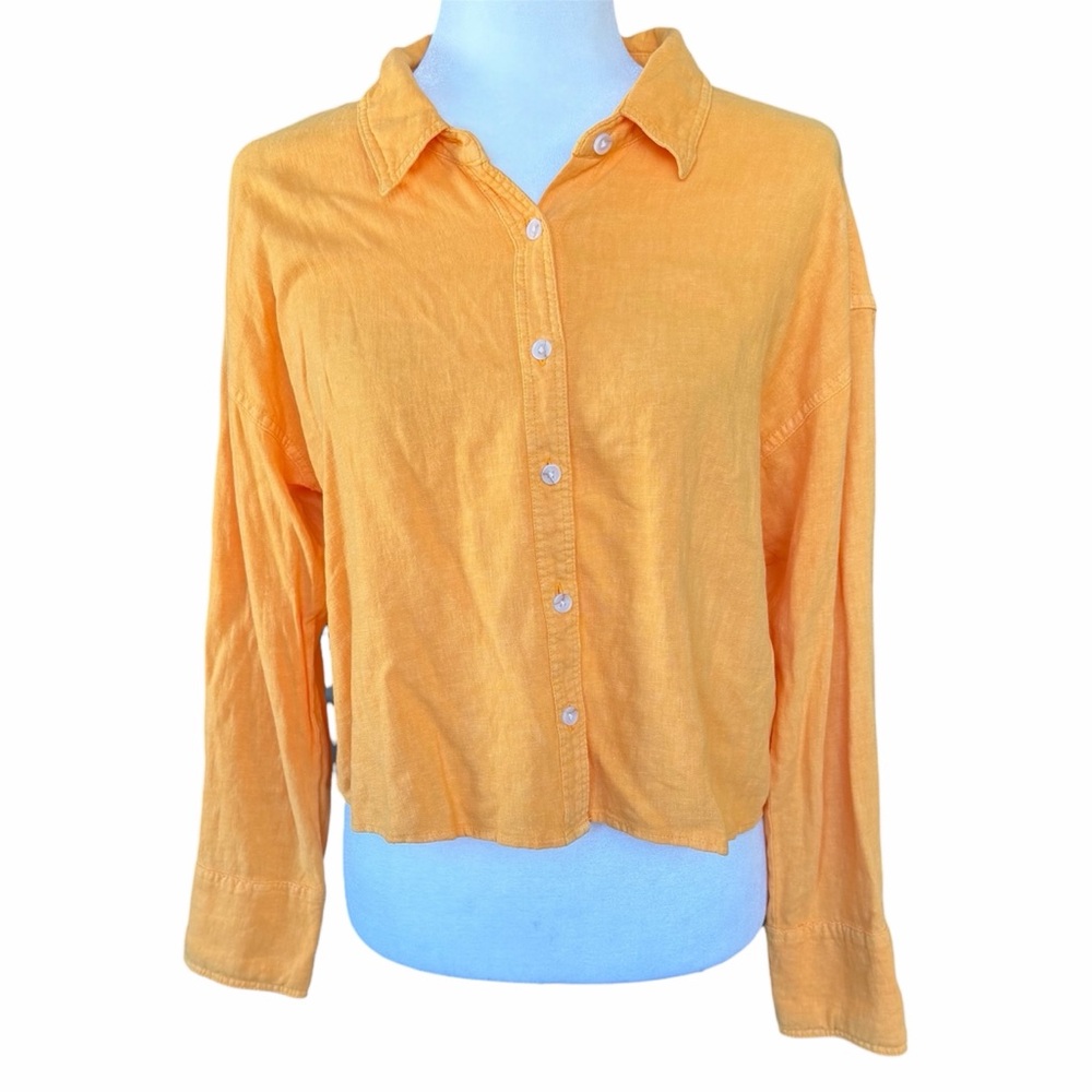 Weekend Los Angeles Orange Linen Blend Button Up Long Sleeve Shirt Size Medium